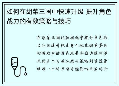 如何在胡菜三国中快速升级 提升角色战力的有效策略与技巧