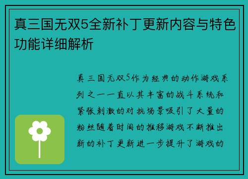 真三国无双5全新补丁更新内容与特色功能详细解析